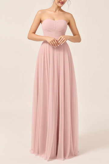 Robe de demoiselle d’honneur longue en tulle trapèze rose poudré